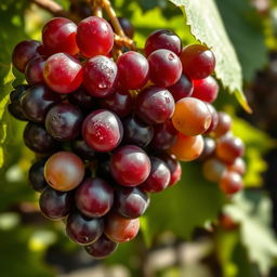 A close-up view of a bunch of ripe, juicy grapes hanging from a vine