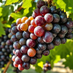 A close-up view of a bunch of ripe, juicy grapes hanging from a vine