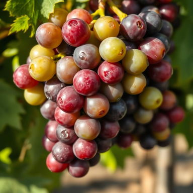 A close-up view of a bunch of ripe, juicy grapes hanging from a vine