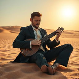 A man in a stylish suit sitting in a vast desert, playing a traditional saz (reed instrument)