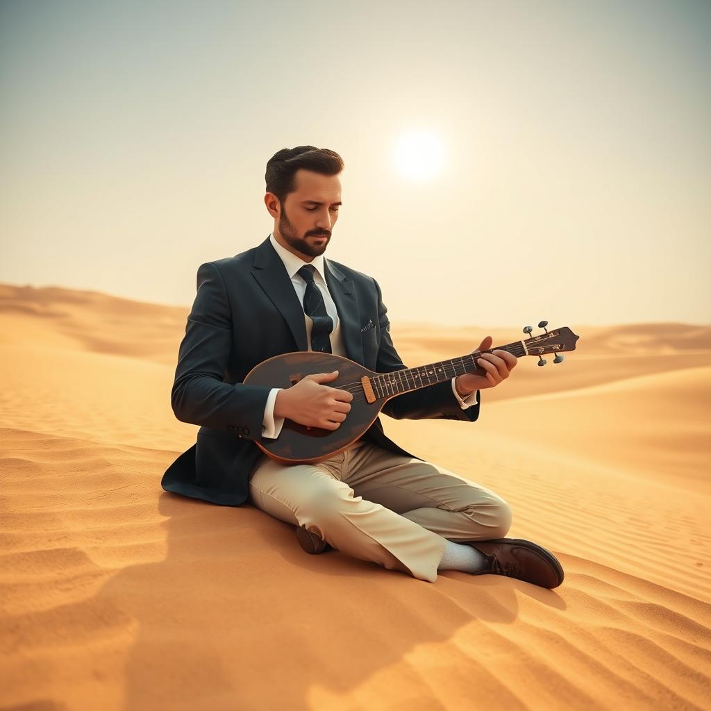 A man in a stylish suit sitting in a vast desert, playing a traditional saz (reed instrument)