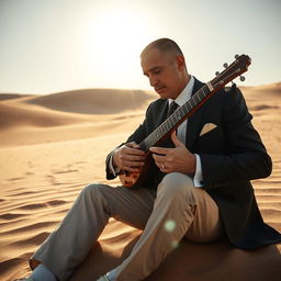 A man in a stylish suit sitting in a vast desert, playing a traditional saz (reed instrument)