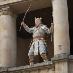 Update the image to depict the king displaying bravery, holding a detailed, ornately decorated bow and arrow, readying to join the battle from his high position on the castle balcony.