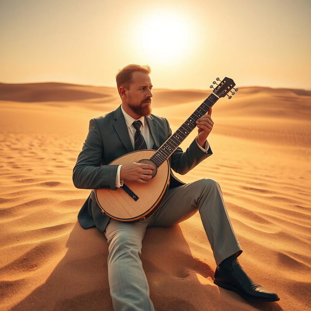 A man in a stylish suit sitting in a vast desert, playing a traditional saz (reed instrument)