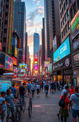A vibrant urban area filled with tall skyscrapers, bustling streets, and diverse people engaged in various activities