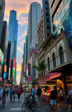 A vibrant urban area filled with tall skyscrapers, bustling streets, and diverse people engaged in various activities