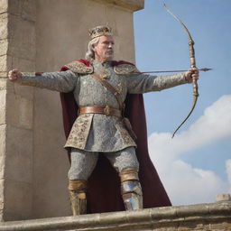 Update the image to depict the king displaying bravery, holding a detailed, ornately decorated bow and arrow, readying to join the battle from his high position on the castle balcony.