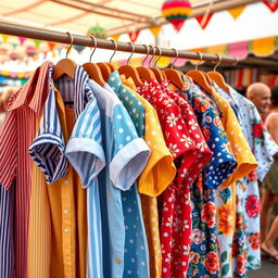 A stylish collection of colorful shirts displayed on a vibrant market stall