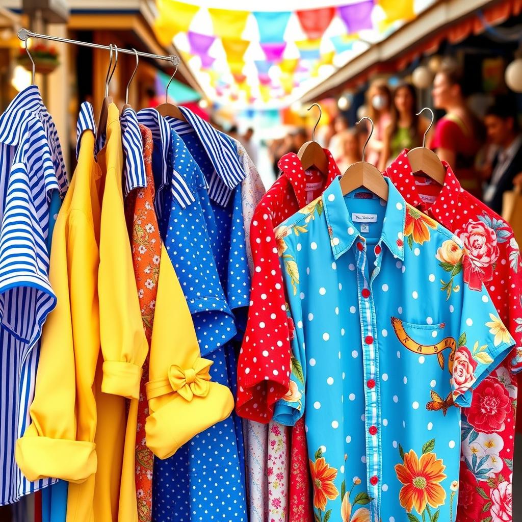 A stylish collection of colorful shirts displayed on a vibrant market stall