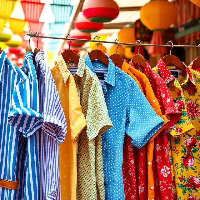 A stylish collection of colorful shirts displayed on a vibrant market stall