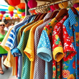 A stylish collection of colorful shirts displayed on a vibrant market stall
