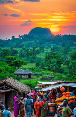A vibrant and colorful landscape of Nigeria, showcasing the diverse cultures and natural beauty of the region