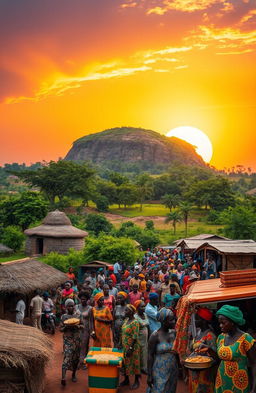 A vibrant and colorful landscape of Nigeria, showcasing the diverse cultures and natural beauty of the region