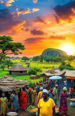A vibrant and colorful landscape of Nigeria, showcasing the diverse cultures and natural beauty of the region