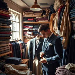 A cozy tailor shop filled with soft fabrics and elegant patterns