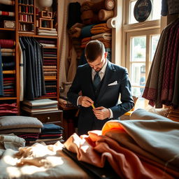 A cozy tailor shop filled with soft fabrics and elegant patterns