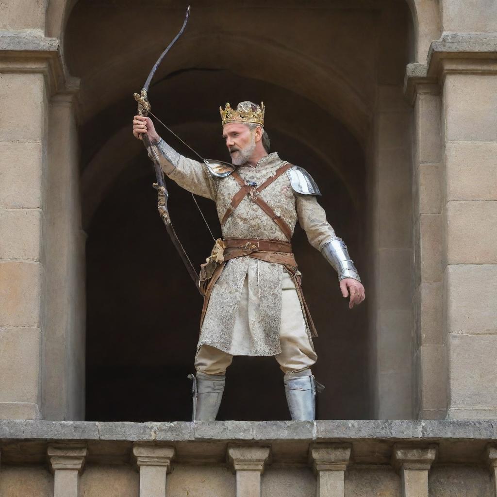 Update the image to depict the king displaying bravery, holding a detailed, ornately decorated bow and arrow, readying to join the battle from his high position on the castle balcony.