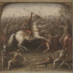 Alter the image to show the aftermath of the king's skillful archery: the invading horsemen hindered and falling, struck by an onslaught of arrows, symbolizing the king's powerful sovereignty.