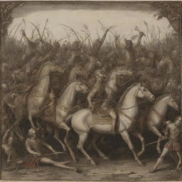 Alter the image to show the aftermath of the king's skillful archery: the invading horsemen hindered and falling, struck by an onslaught of arrows, symbolizing the king's powerful sovereignty.