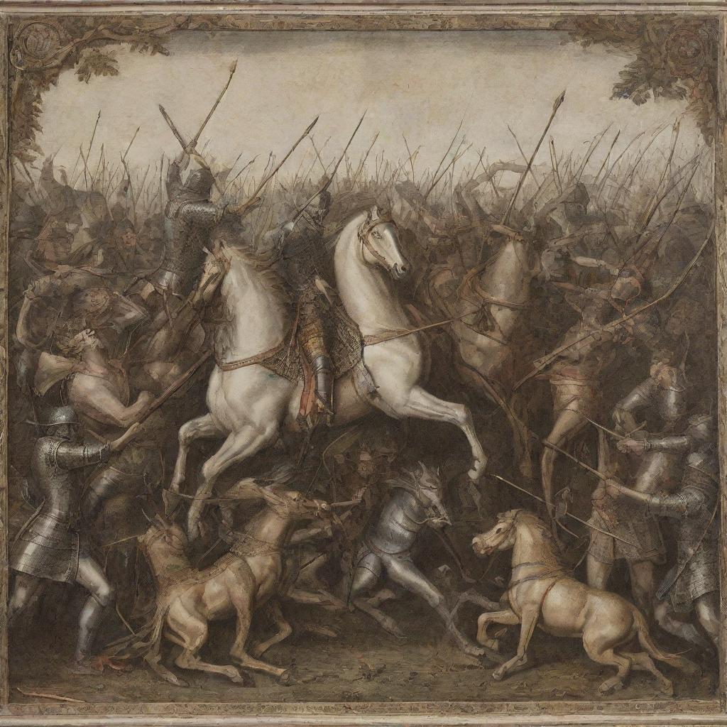 Alter the image to show the aftermath of the king's skillful archery: the invading horsemen hindered and falling, struck by an onslaught of arrows, symbolizing the king's powerful sovereignty.