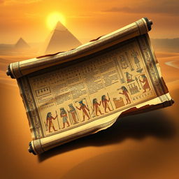 An ancient Egyptian papyrus scroll, beautifully illustrated with intricate hieroglyphics and stunning depictions of gods, pharaohs, and symbolic motifs, set against a desert backdrop with warm, golden tones