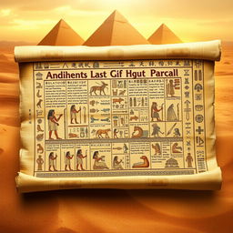 An ancient Egyptian papyrus scroll, beautifully illustrated with intricate hieroglyphics and stunning depictions of gods, pharaohs, and symbolic motifs, set against a desert backdrop with warm, golden tones