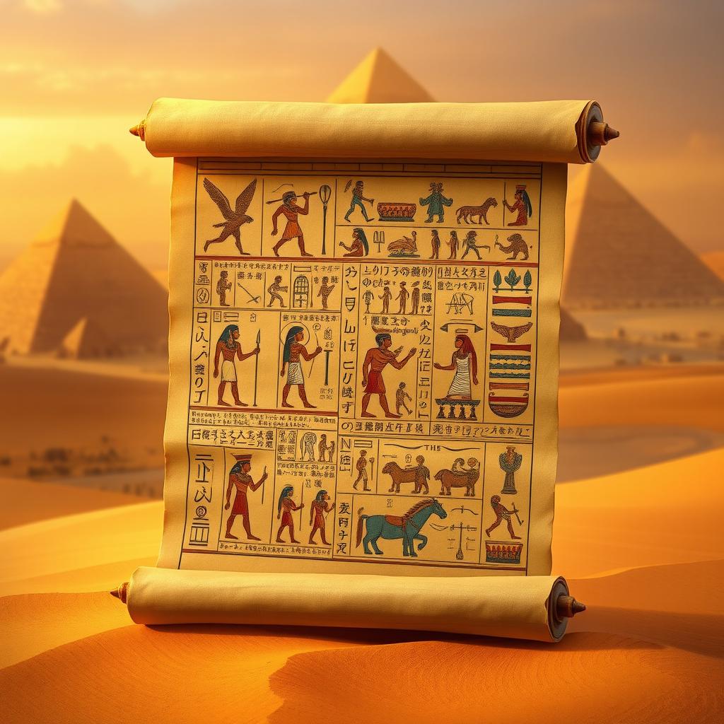 An ancient Egyptian papyrus scroll, beautifully illustrated with intricate hieroglyphics and stunning depictions of gods, pharaohs, and symbolic motifs, set against a desert backdrop with warm, golden tones