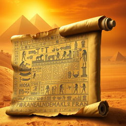 An ancient Egyptian papyrus scroll, beautifully illustrated with intricate hieroglyphics and stunning depictions of gods, pharaohs, and symbolic motifs, set against a desert backdrop with warm, golden tones