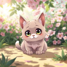 An adorable anime-style cat sitting playfully, with large expressive eyes and a shiny coat