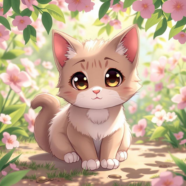 An adorable anime-style cat sitting playfully, with large expressive eyes and a shiny coat