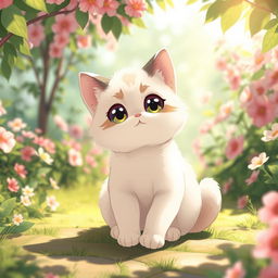 An adorable anime-style cat sitting playfully, with large expressive eyes and a shiny coat