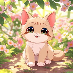 An adorable anime-style cat sitting playfully, with large expressive eyes and a shiny coat