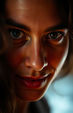 A close-up of an expressive face looking directly at the viewer, with deep, captivating eyes that convey emotion and connection