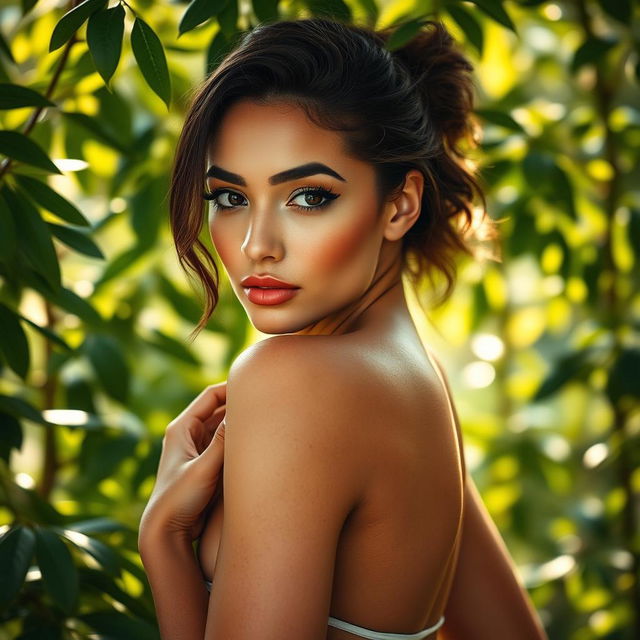 A striking portrait of a beautiful young woman exuding confidence and allure, posed gracefully in a soft, natural setting surrounded by lush greenery and soft light filtering through the leaves