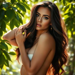 A striking portrait of a beautiful young woman exuding confidence and allure, posed gracefully in a soft, natural setting surrounded by lush greenery and soft light filtering through the leaves