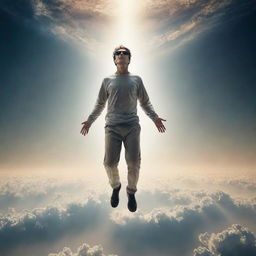 Visually striking scene of a man with blindness in his right eye mysteriously descending onto Earth from the skies.