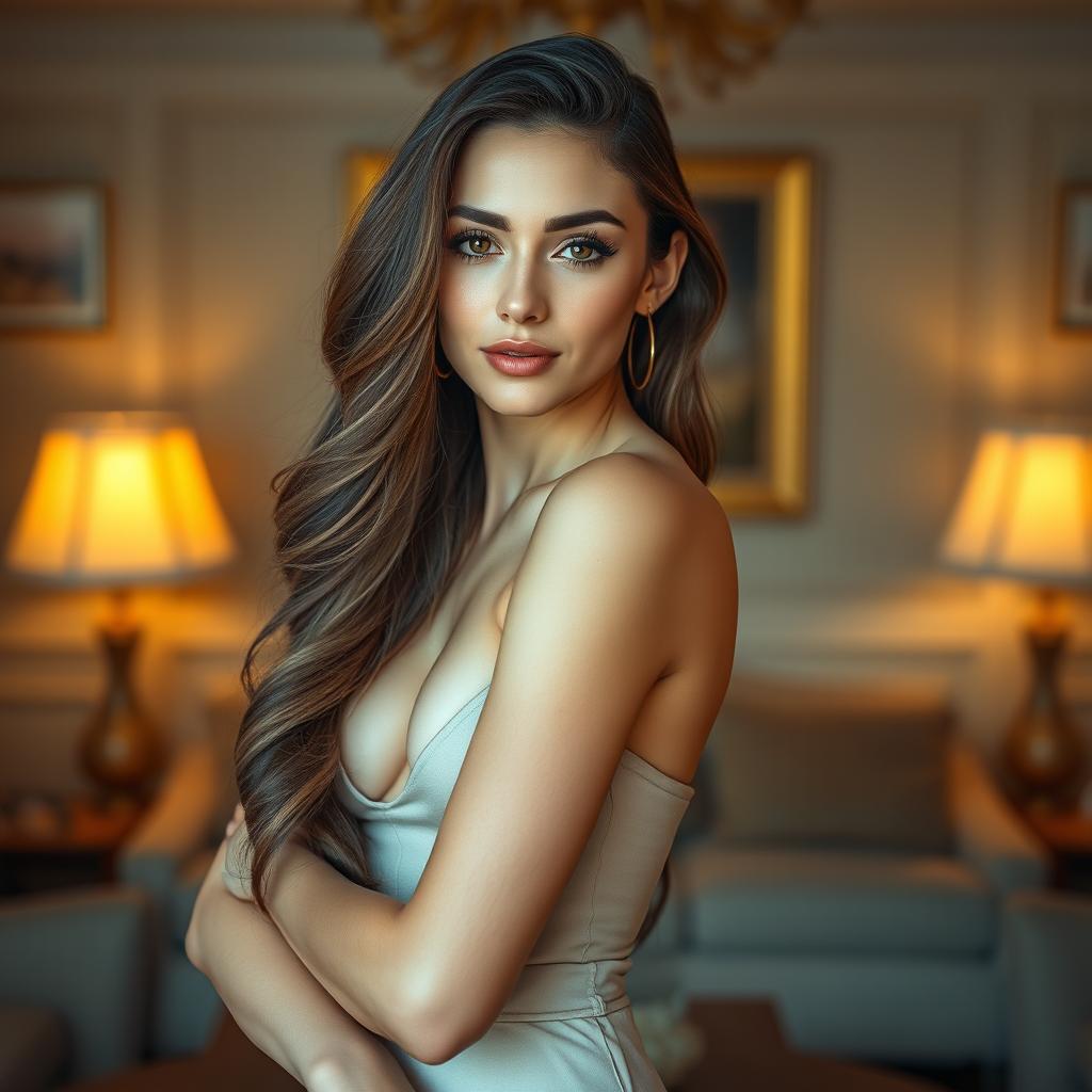 A beautifully artistic representation of a woman posing confidently in an elegant and tasteful manner, showcasing her natural beauty while surrounded by soft, ambient lighting