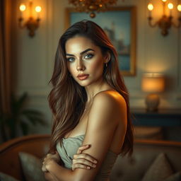 A beautifully artistic representation of a woman posing confidently in an elegant and tasteful manner, showcasing her natural beauty while surrounded by soft, ambient lighting