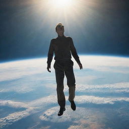 Visually striking scene of a man with blindness in his right eye mysteriously descending onto Earth from the skies.