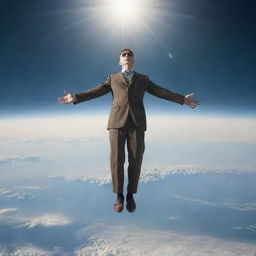 Visually striking scene of a man with blindness in his right eye mysteriously descending onto Earth from the skies.