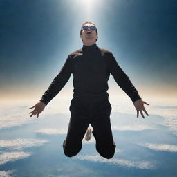 Visually striking scene of a man with blindness in his right eye mysteriously descending onto Earth from the skies.