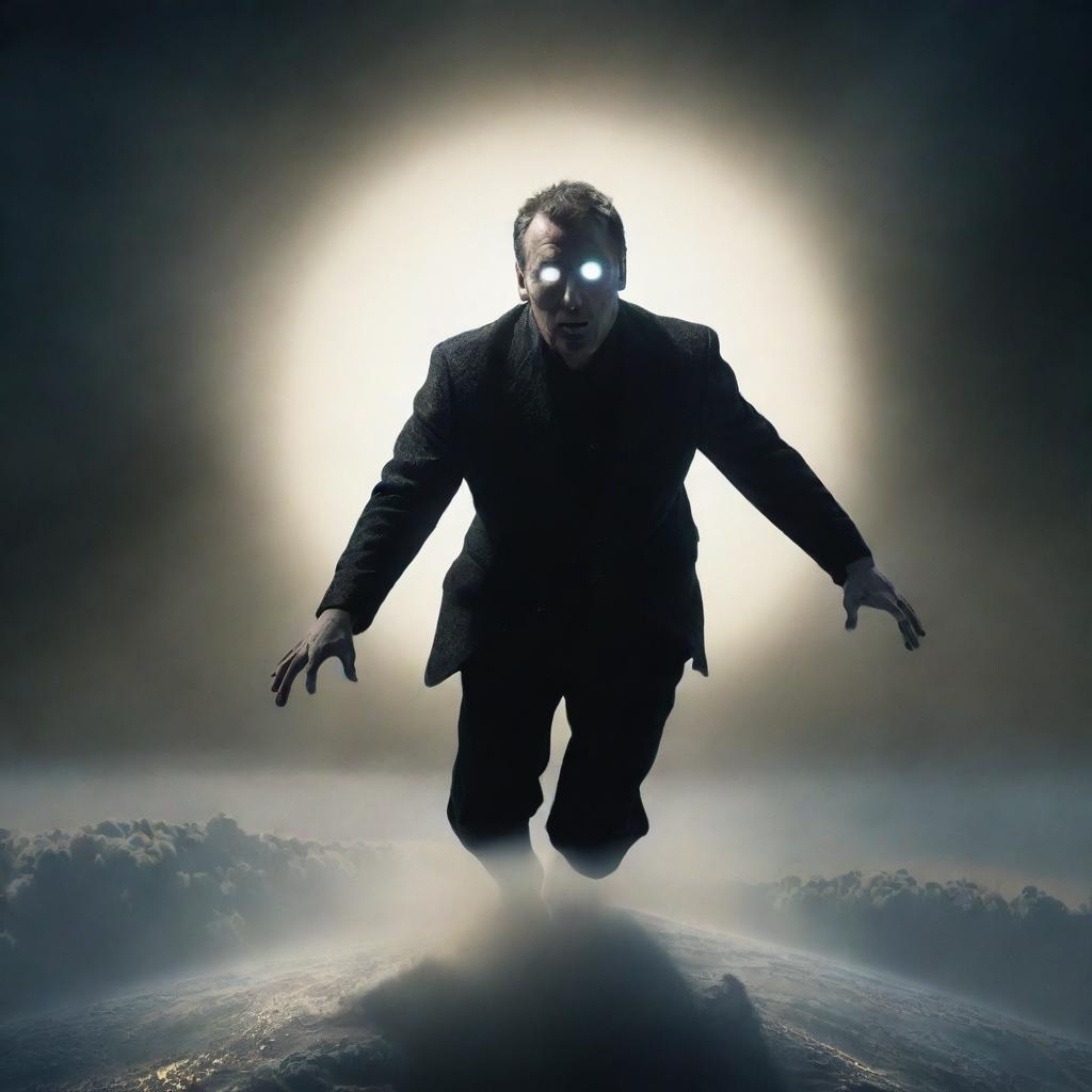 Dramatic depiction of a one-eyed man descending onto Earth, his single eye glowing with intensity against the earthly backdrop.