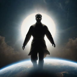 Dramatic depiction of a one-eyed man descending onto Earth, his single eye glowing with intensity against the earthly backdrop.