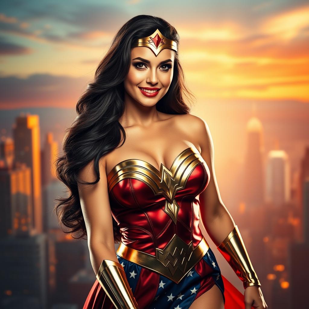 A stunning portrait of a woman resembling Lynda Carter, showcasing her iconic beauty and confidence, with long, luscious dark hair cascading over her shoulders, wearing a vintage superhero costume reminiscent of Wonder Woman, complete with a golden tiara, an intricately designed bodice, and a flowing red skirt