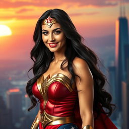 A stunning portrait of a woman resembling Lynda Carter, showcasing her iconic beauty and confidence, with long, luscious dark hair cascading over her shoulders, wearing a vintage superhero costume reminiscent of Wonder Woman, complete with a golden tiara, an intricately designed bodice, and a flowing red skirt