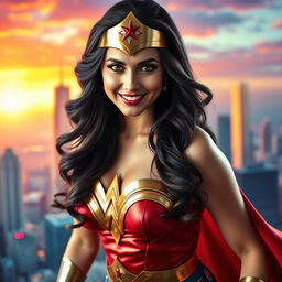 A stunning portrait of a woman resembling Lynda Carter, showcasing her iconic beauty and confidence, with long, luscious dark hair cascading over her shoulders, wearing a vintage superhero costume reminiscent of Wonder Woman, complete with a golden tiara, an intricately designed bodice, and a flowing red skirt