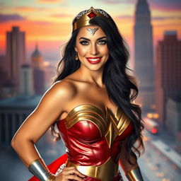 A stunning portrait of a woman resembling Lynda Carter, showcasing her iconic beauty and confidence, with long, luscious dark hair cascading over her shoulders, wearing a vintage superhero costume reminiscent of Wonder Woman, complete with a golden tiara, an intricately designed bodice, and a flowing red skirt