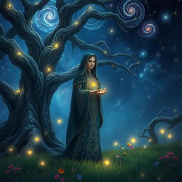 A mystical scene depicting an enigmatic character named Abin, standing under a canopy of stars in a tranquil forest