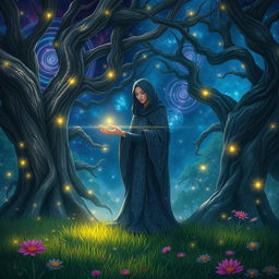 A mystical scene depicting an enigmatic character named Abin, standing under a canopy of stars in a tranquil forest