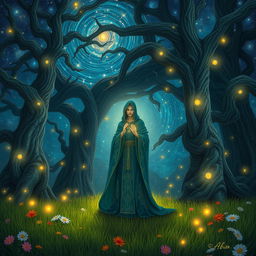 A mystical scene depicting an enigmatic character named Abin, standing under a canopy of stars in a tranquil forest